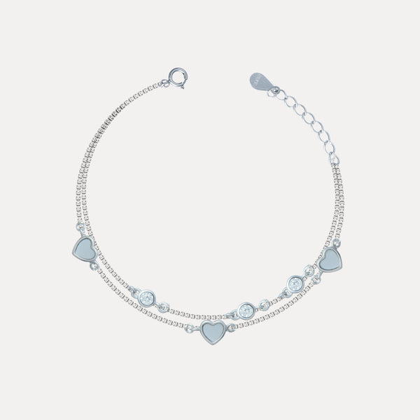 925 Silver Double Chain Heart Bracelet