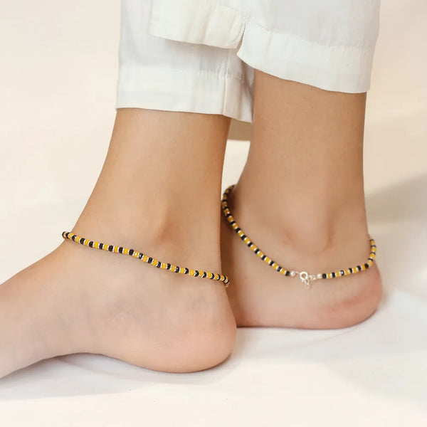925 Silver Yellow-Black Bead Anklet