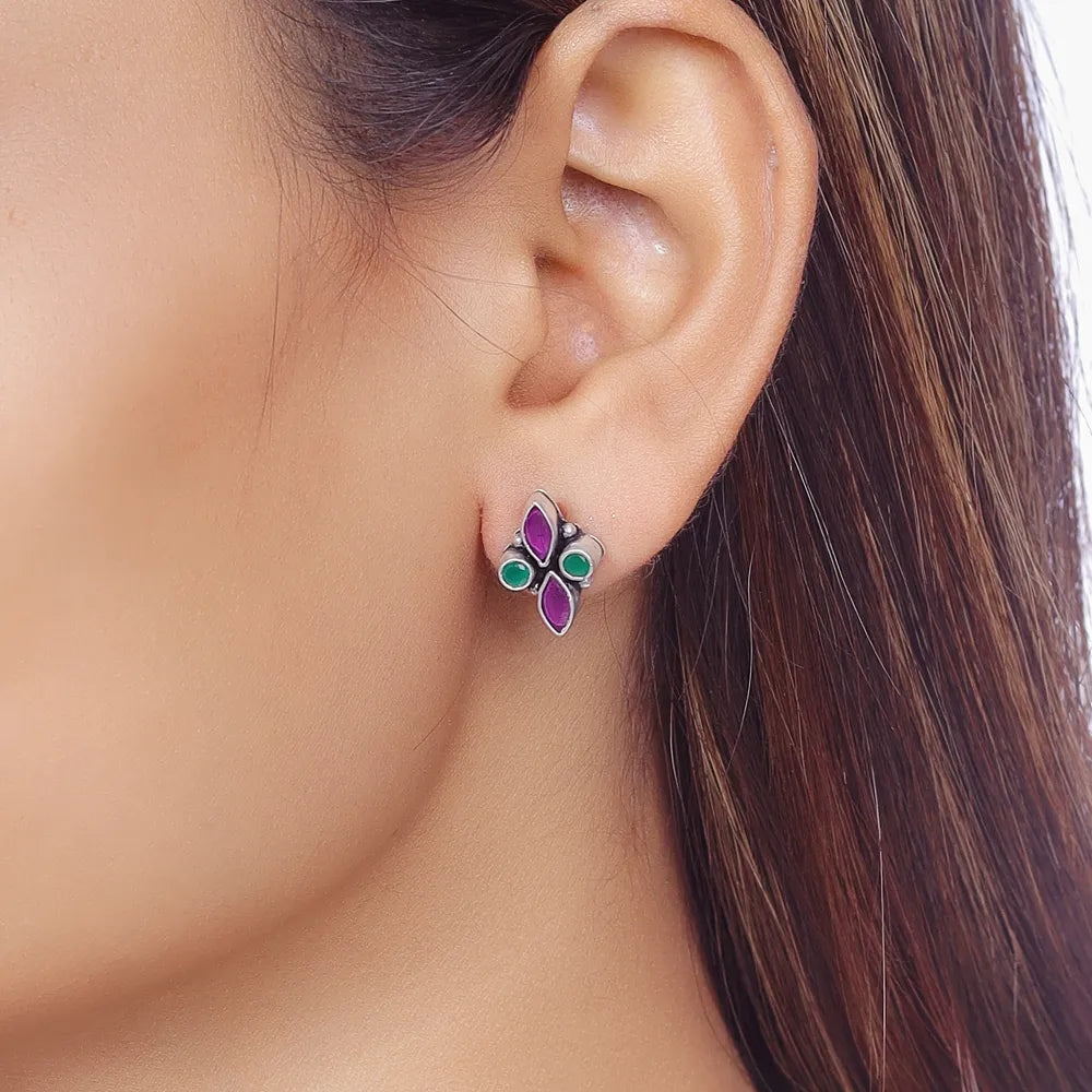 Green and Pink Gem Stud Earrings