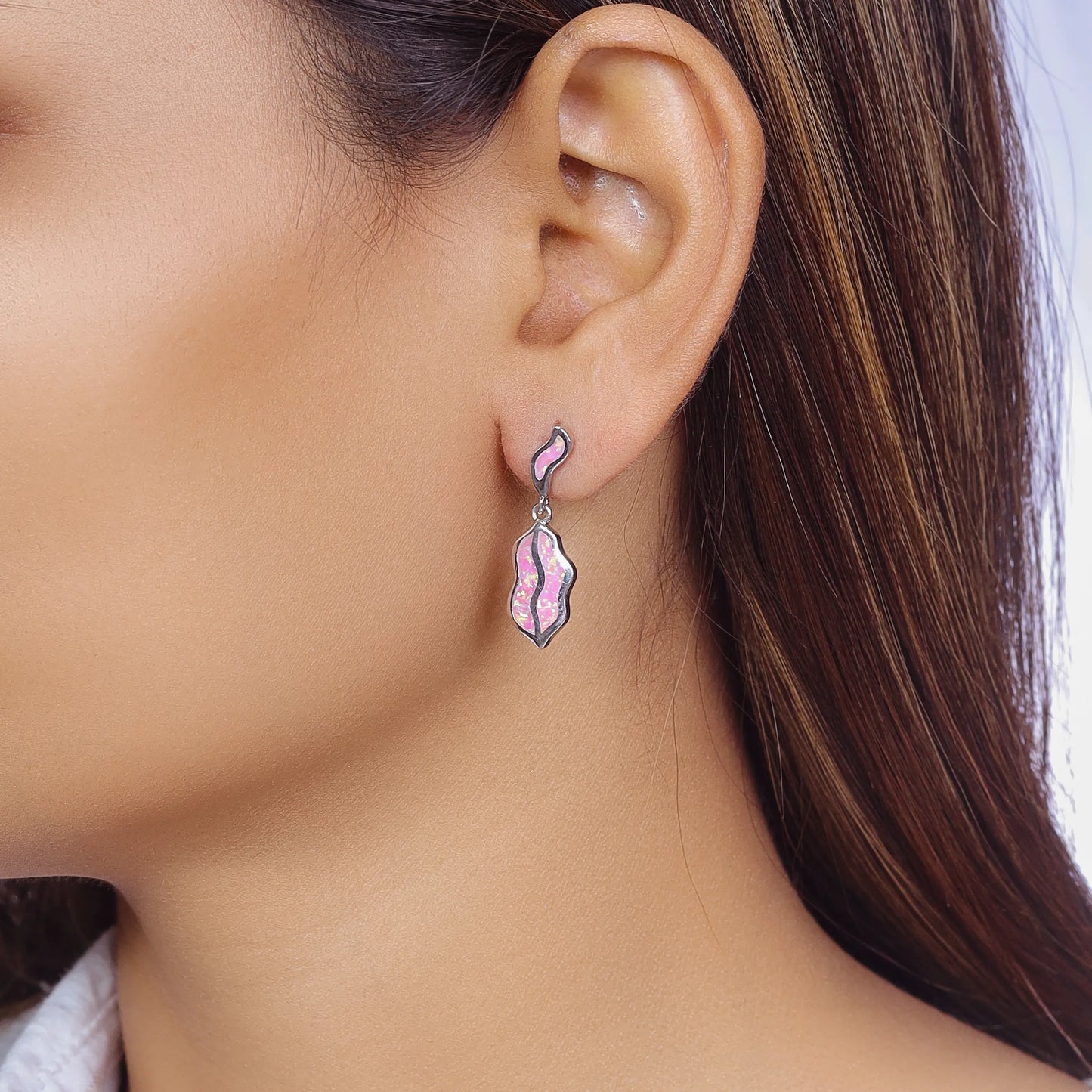 Silver Pink Opal Drop Earrings