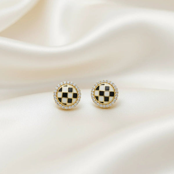 925 Silver Golden Checkered Halo Studs