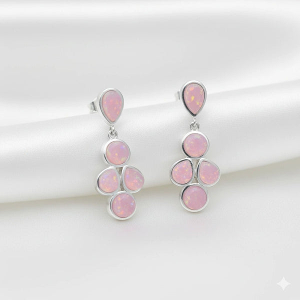 925 Silver Pink Pear & Round Opal Earrings