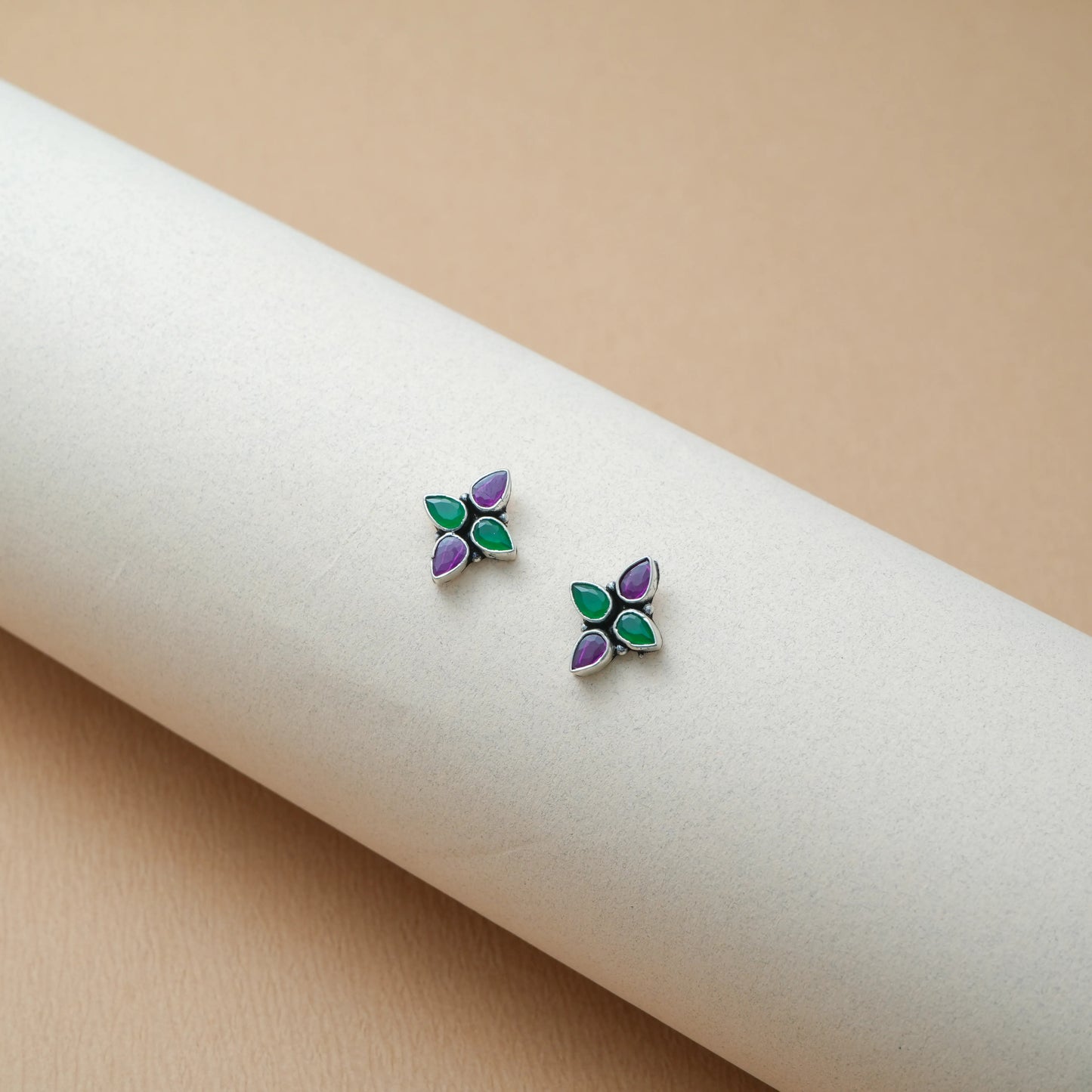 Bicolor Gem Clover Stud Earrings