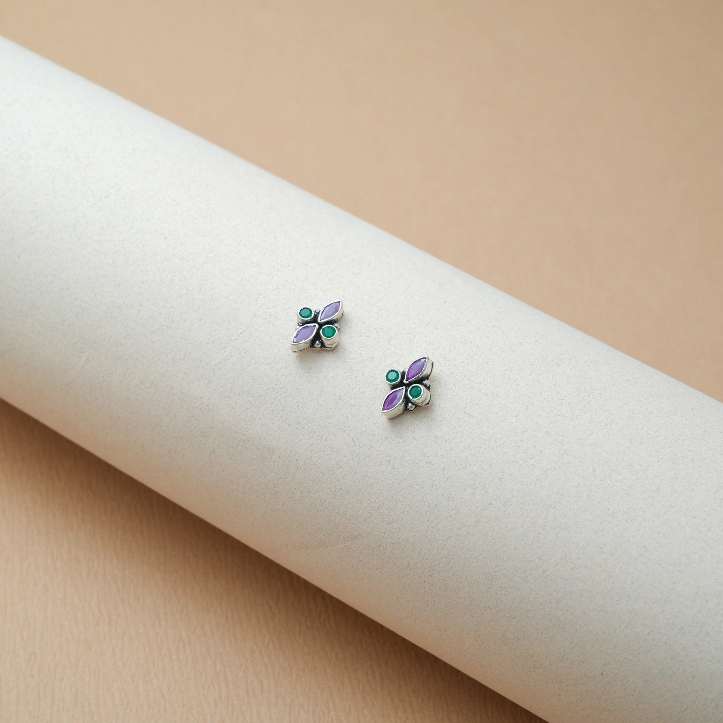 Green and Pink Gem Stud Earrings