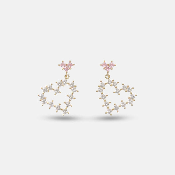 925 Silver Golden Pink Heart Earrings