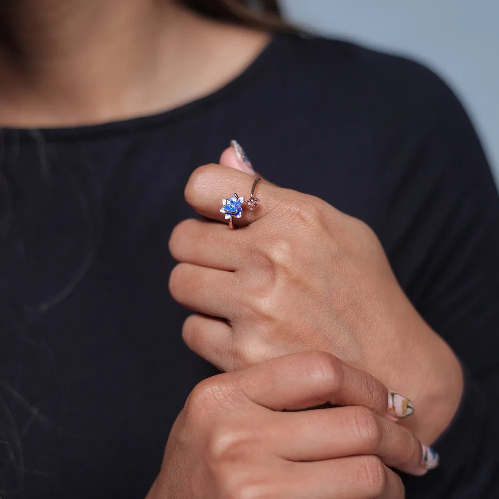 Rose Gold Blue Floral Ring - tassyasilver.com