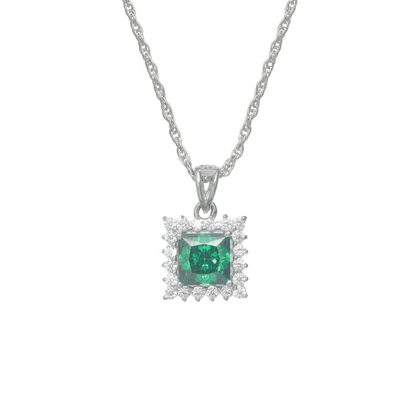 925 Silver Emerald Square Halo Pendant