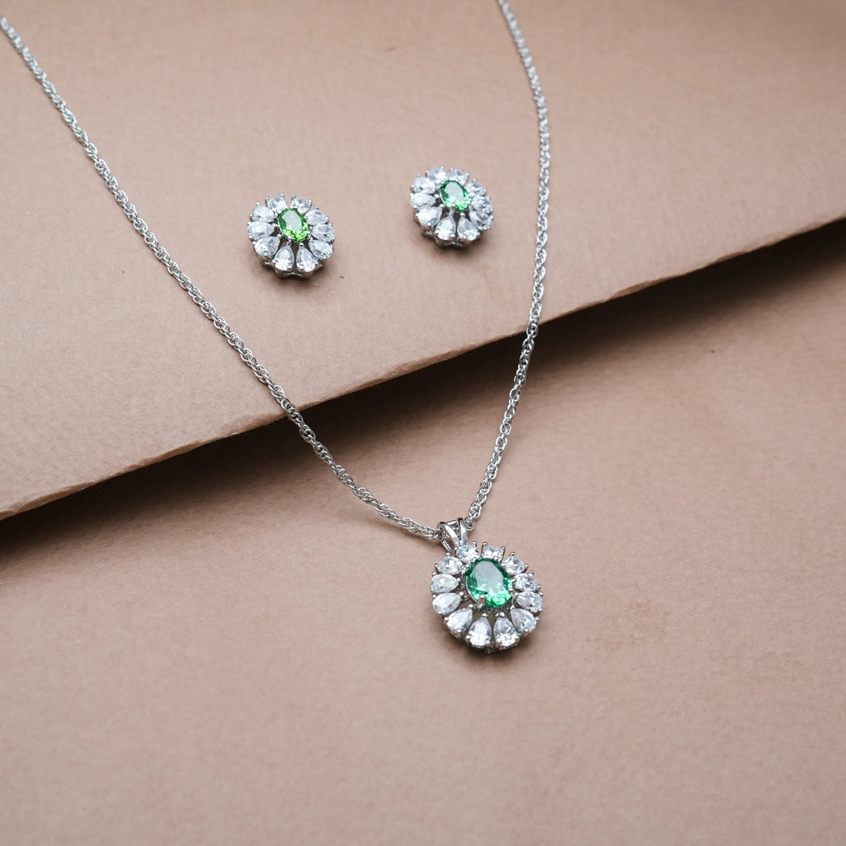 925 Silver Emerald Bloom Halo Set