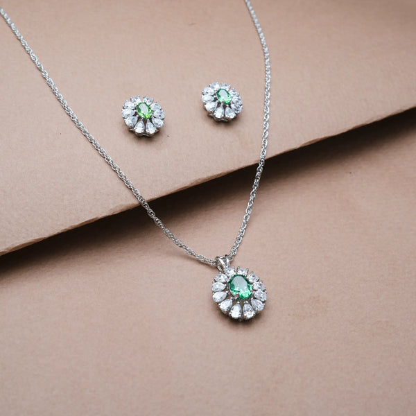 925 Silver Emerald Bloom Halo Set