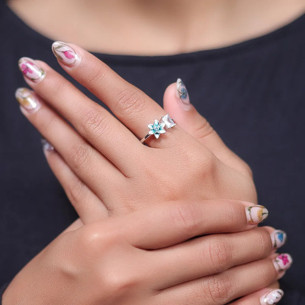 Silver Green Floral Charm Ring
