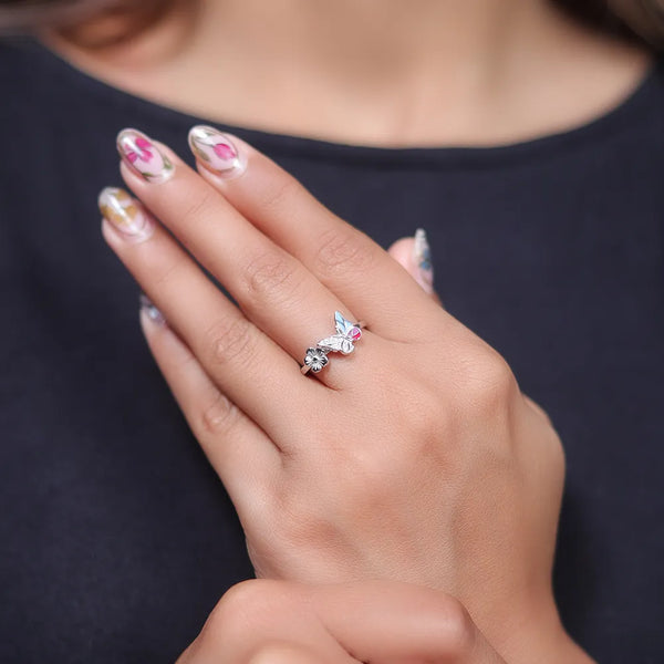 Silver Garden Bloom Butterfly Ring