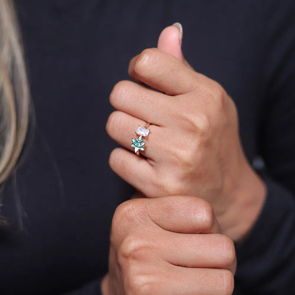 Rose Gold Crystal Green Petal Ring