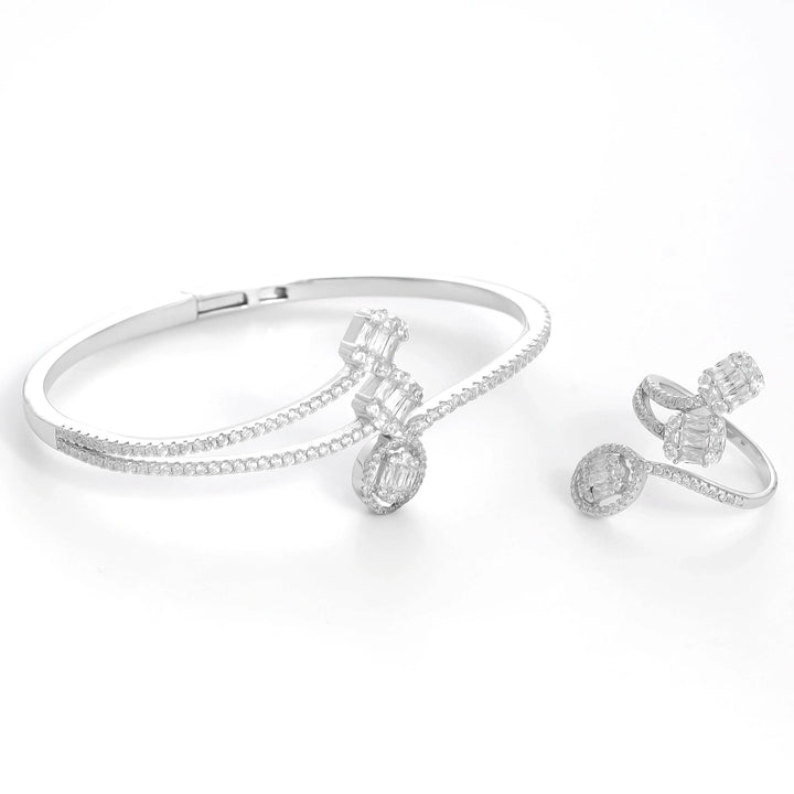 Silver Baguette Diamond Bracelet with Ring Set - tassyasilver.com