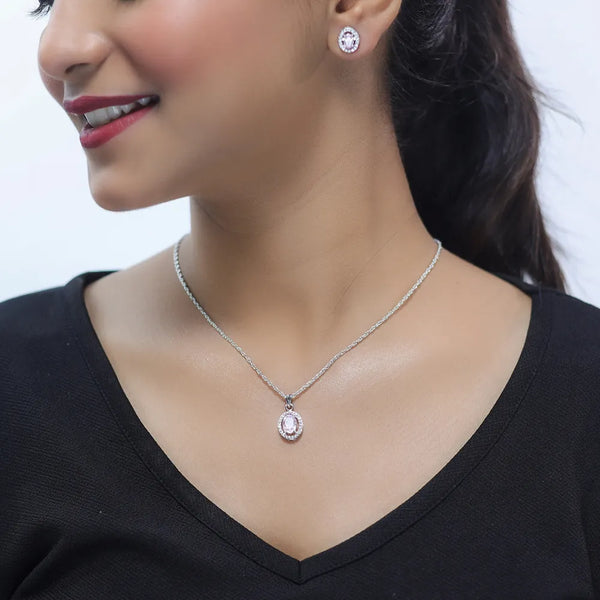Silver Pink Oval Halo Chain Pendant Studs
