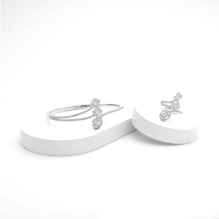 Silver Baguette Diamond Bracelet with Ring Set - tassyasilver.com