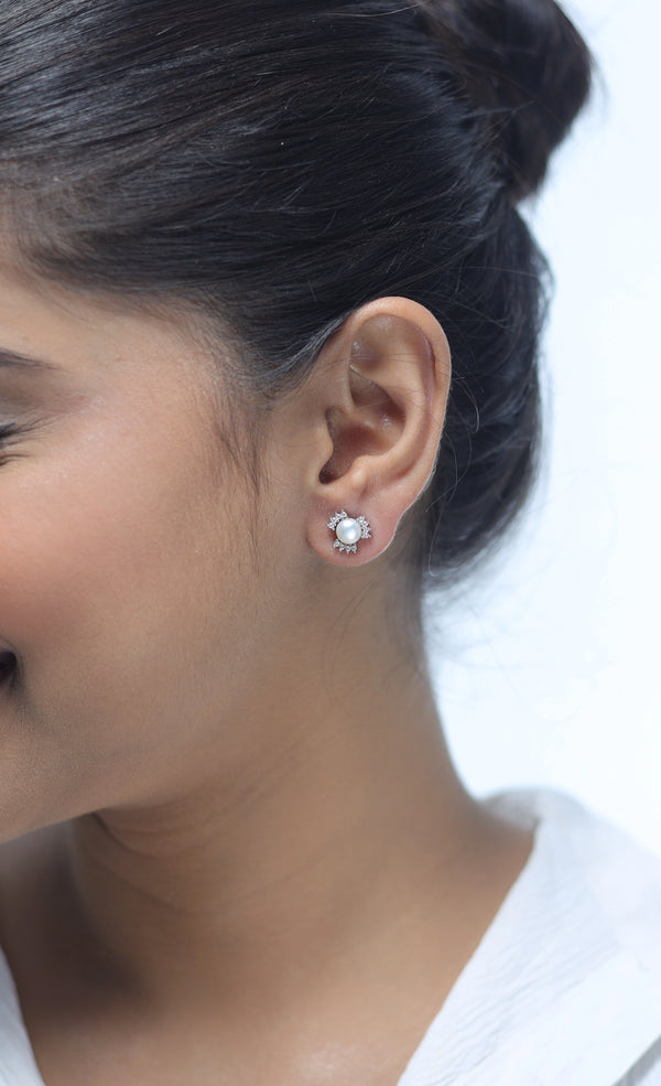Silver Crystal Embrace Pearl Studs