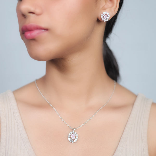 Silver Blush Bloom Chain Pendant Studs