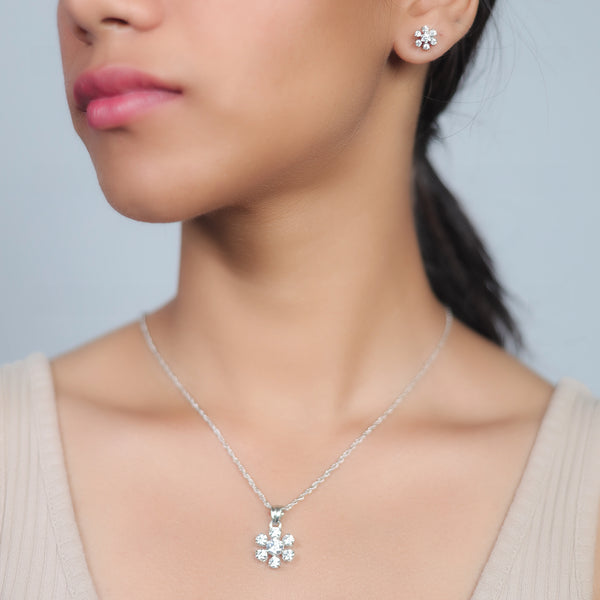 Silver Crystal Flower Spark Chain Pendant Studs