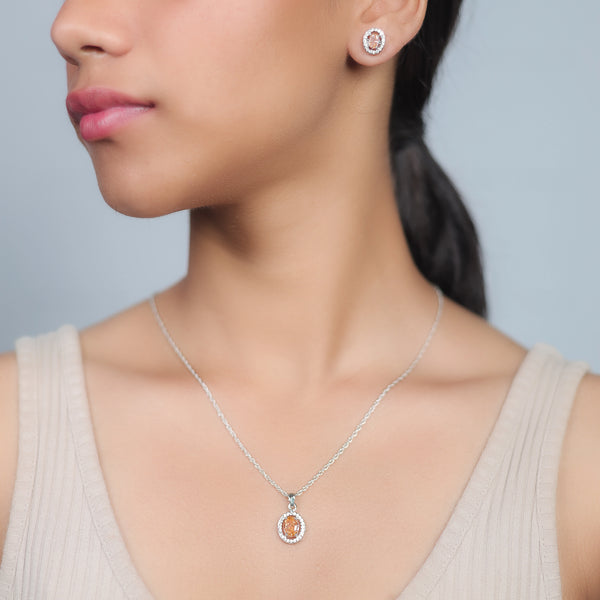 Silver Peach Oval Halo Chain Pendant Studs
