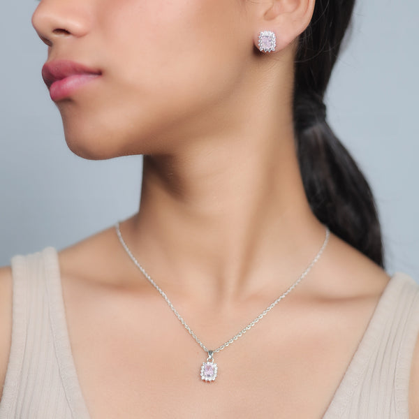 Silver Pink Radiant Cut Halo Chain Pendant Studs