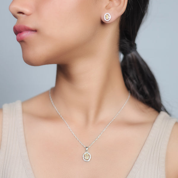 Silver Yellow Oval Halo Chain Pendant Studs