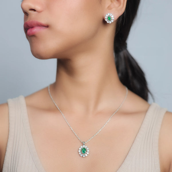 925 Silver Emerald Bloom Halo Set