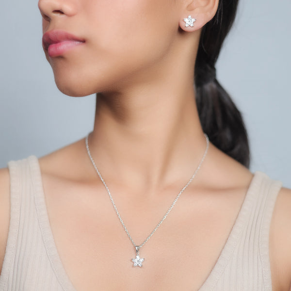 925 Silver Petal Star Chain Pendant Studs