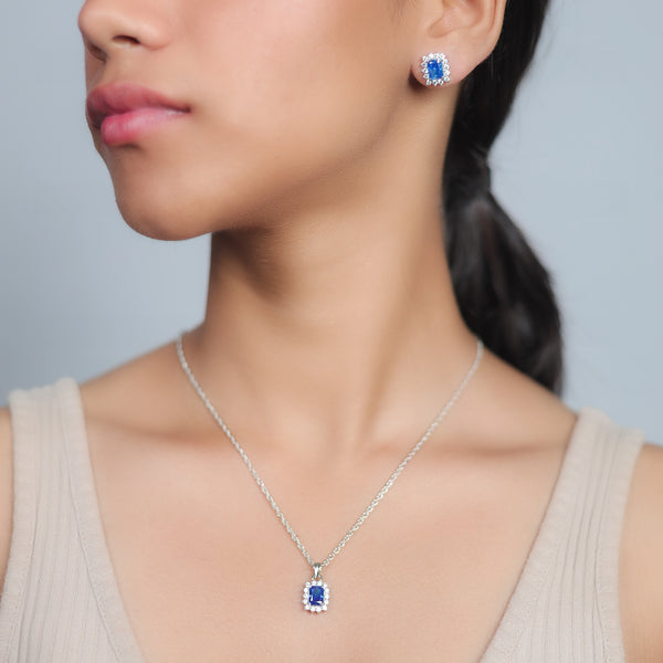 Silver Sapphire Radiant Cut Halo Chain Pendant Studs