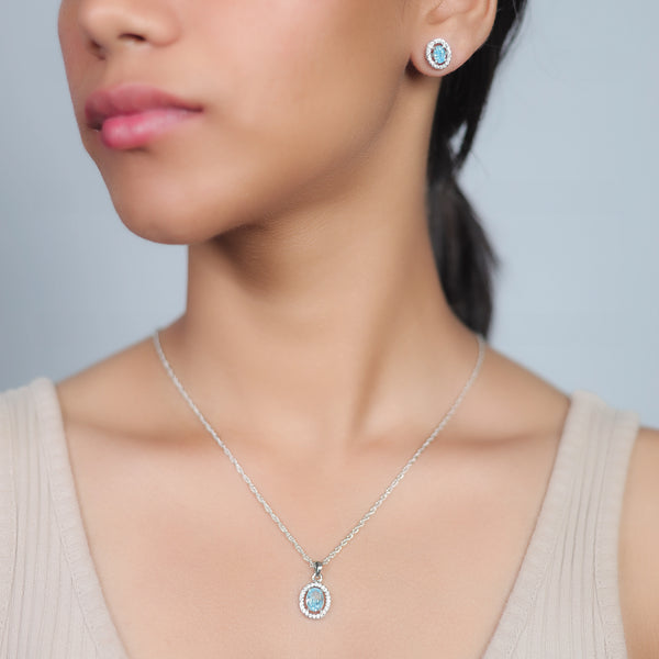 Silver Aquamarine Oval Halo Chain Pendant Studs