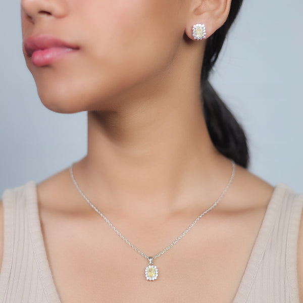 Silver Yellow Sunburst Halo Chain Pendant Studs