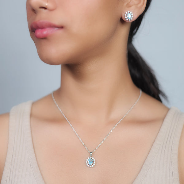 Silver Aquamarine Oval Chain Pendant Studs