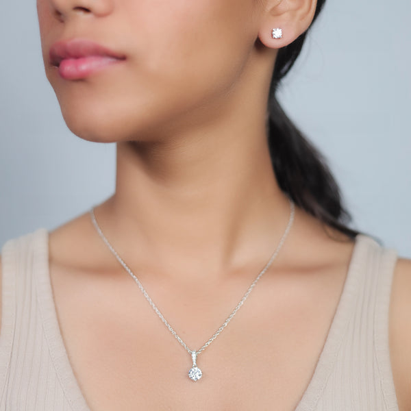 Silver Classic Solitaire Chain Pendant Studs