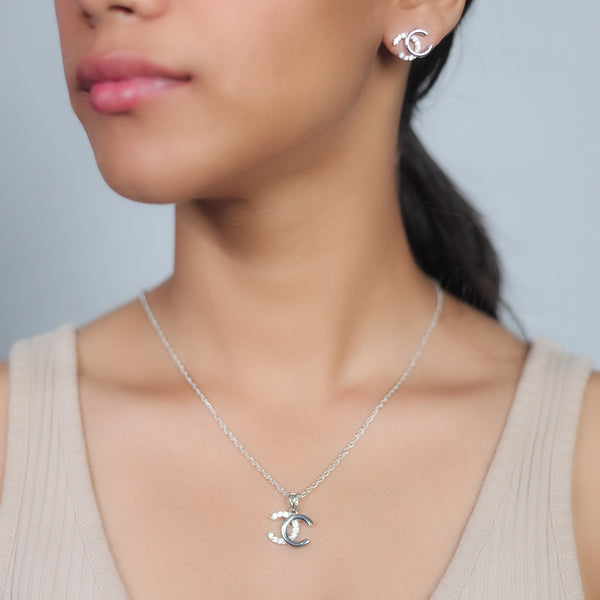Silver Interlocking C Sparkle Chain Pendant Studs
