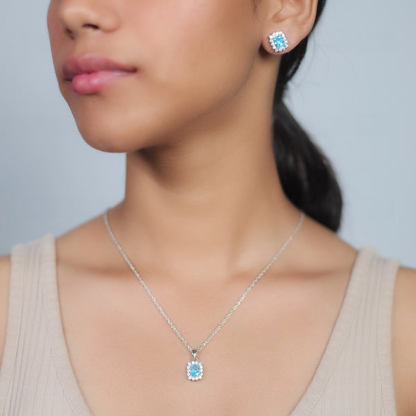 Silver Aquamarine Radiant Cut Halo Chain Pendant Studs