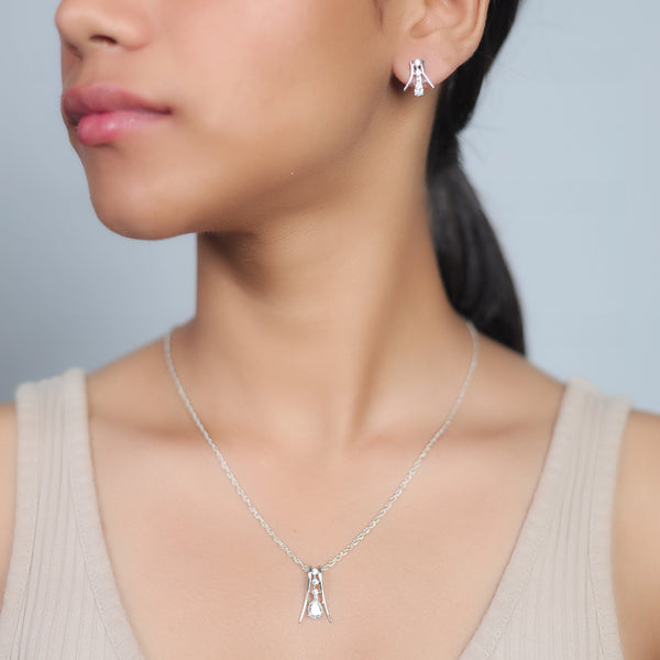 Silver Teardrop Drop Chain Pendant Studs