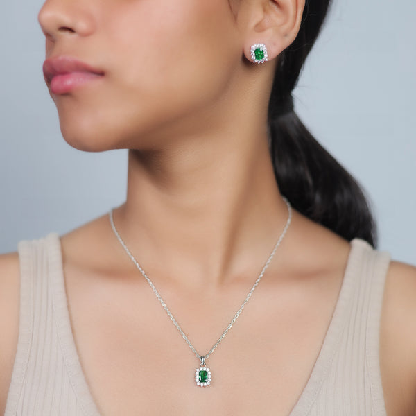 Silver Emerald Teardrop Halo Chain Pendant Studs