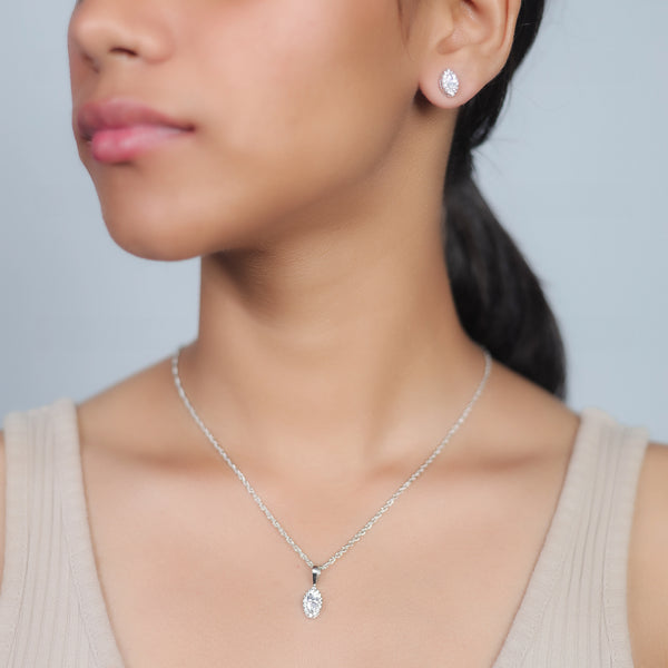 Silver Marquise Halo Chain Pendant Studs