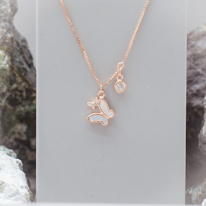 Tassya Rose Gold Butterfly Pendant – Delicate 925 silver chain with rose gold butterfly charm, perfect for elegant gifting.