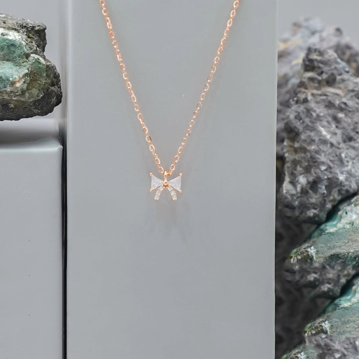 Tassya Rose Gold Dainty Bow Pendant – Cute 925 silver chain with rose gold bow charm, ideal for gifting and daily wear