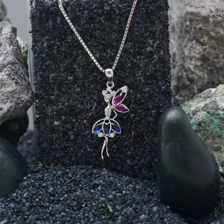 Tassya Silver Fairy Blossom Pendant – Whimsical 925 silver chain with pink floral charm, perfect for magical styling.