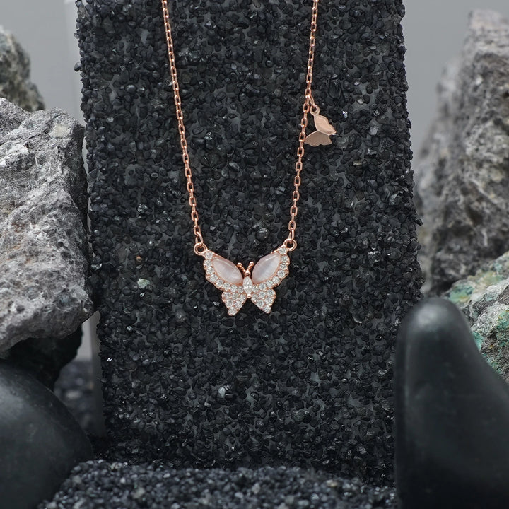 Tassya Rose Gold Butterfly Pendant – Elegant 925 silver chain with rose gold butterfly charm, perfect for chic daily wear.