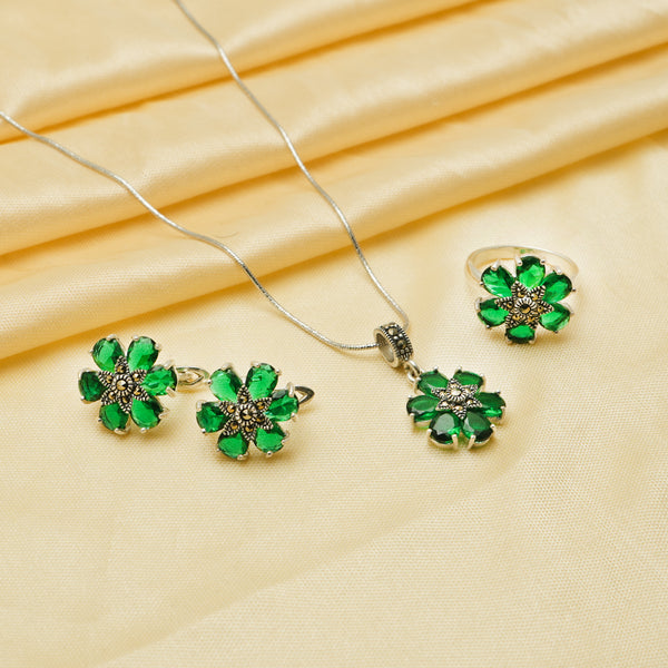 925 Silver Emerald Bloom Elegance Set
