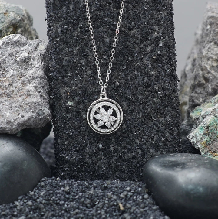 Tassya Radiant Flower Pendant – Elegant 925 silver chain with sparkling floral charm, perfect for festive and daily wear.