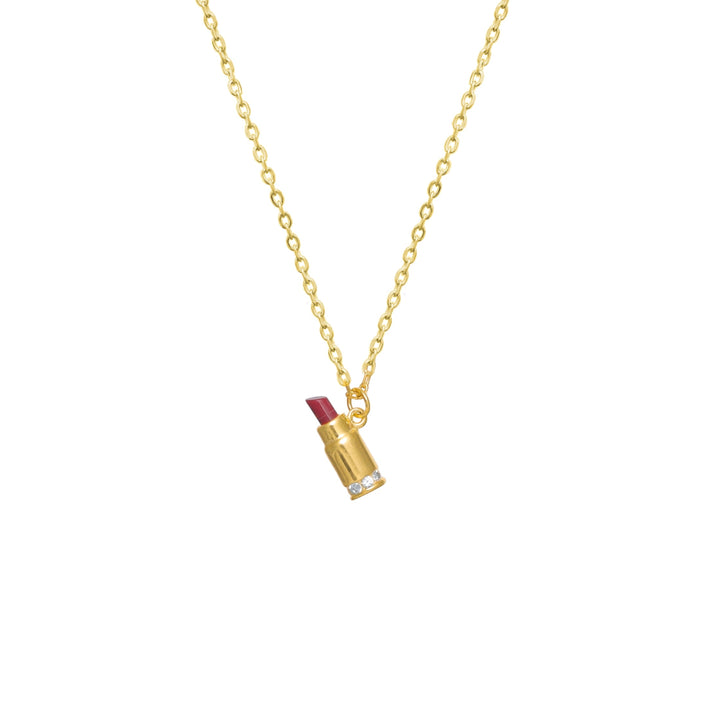 Tassya Golden Lipstick Pendant – Trendy 925 silver chain with gold-toned lipstick charm, perfect for bold, chic styling.