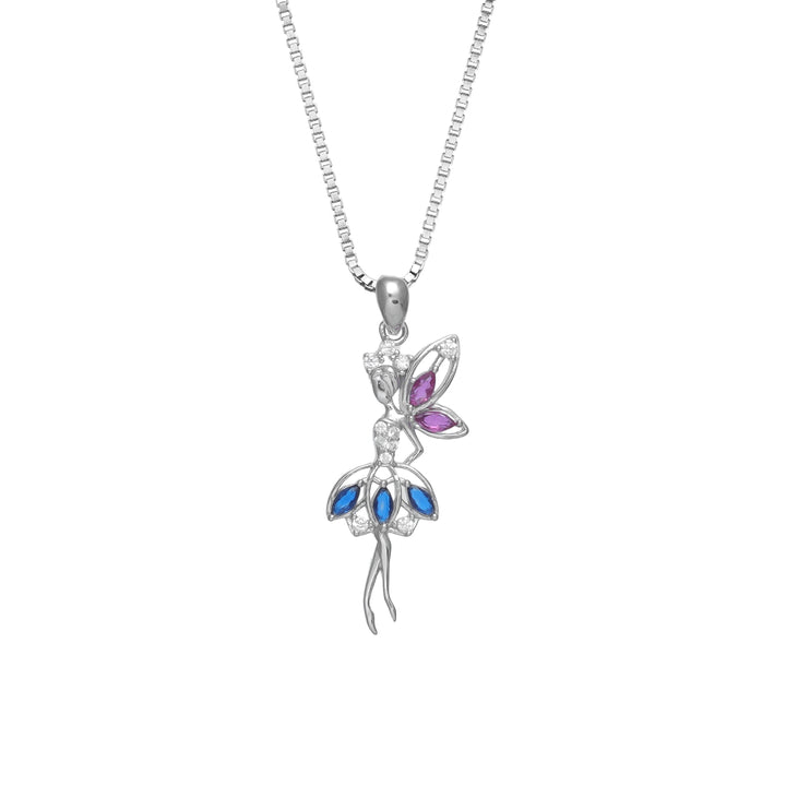 Tassya Silver Fairy Blossom Pendant – Whimsical 925 silver chain with pink floral charm, perfect for magical styling.