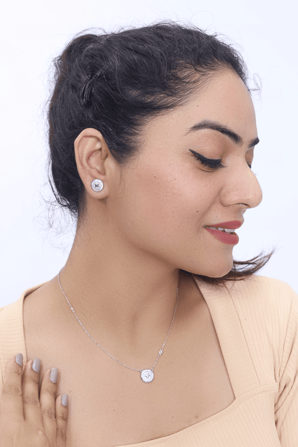 Silver Geometric Bloom chain pendant earring set - tassyasilver.com