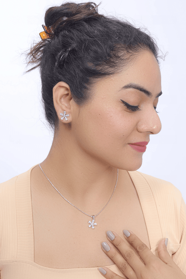Silver Starlight Flower Chain Pendant Earring Set - tassyasilver.com
