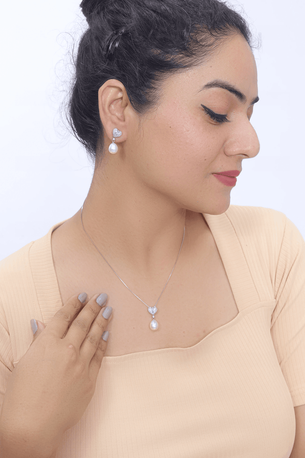 Silver Pearl of Love Chain Pendant Earring Set - tassyasilver.com
