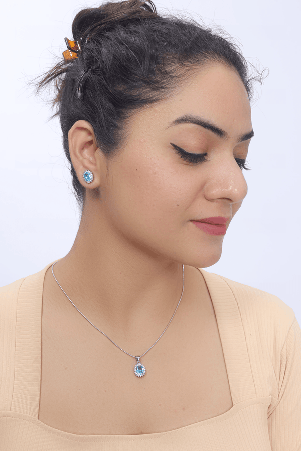 Silver Aqua Bloom Chain Pendant Earring set - tassyasilver.com