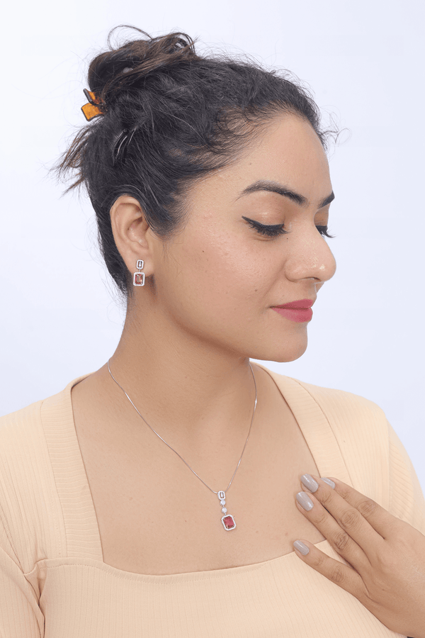 Silver Ruby Radiance chain pendant earring set - tassyasilver.com
